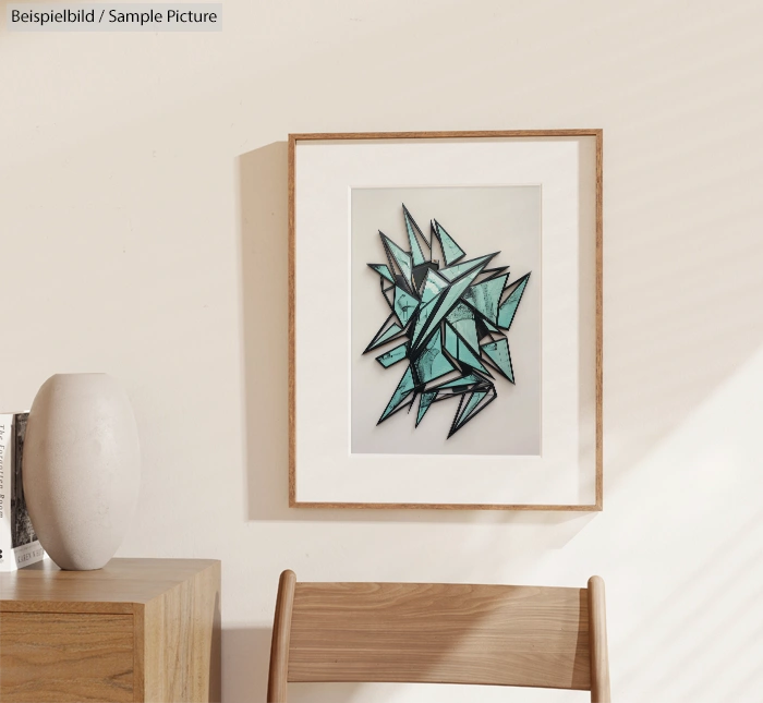 Framed abstract artwork with green geometric shapes on a white wall, beside a wooden chair and vase.