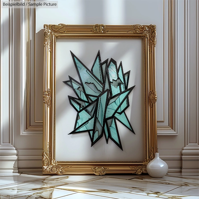 Framed geometric artwork with teal shards against ornate wall, accompanied by a small white vase.