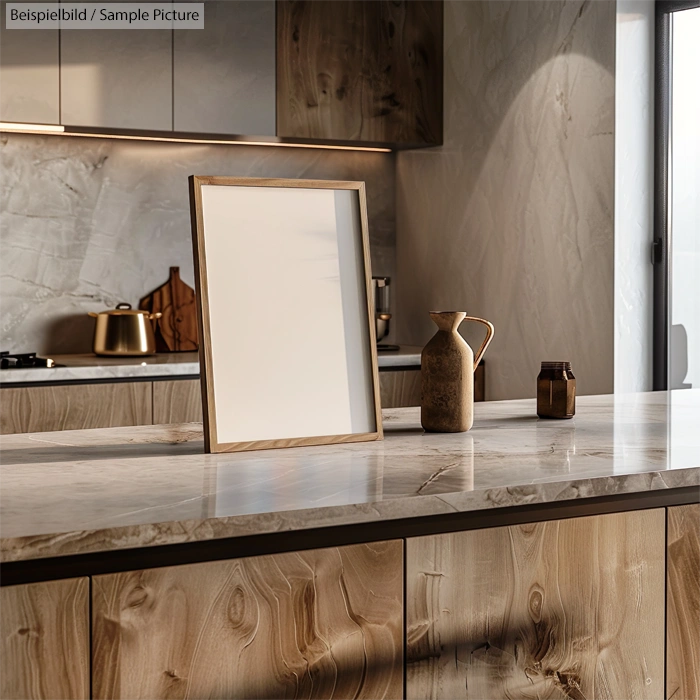 Modern kitchen with wooden cabinets, marble countertop, empty wooden frame, and ceramic jugs on the counter.