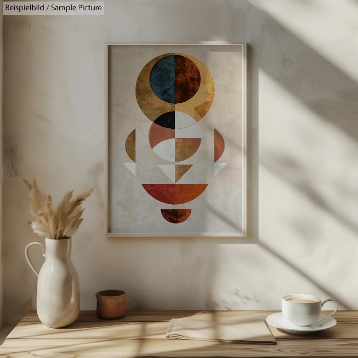 Minimalist room with abstract geometric art, a vase with dried flowers, and a cup on a wooden table.