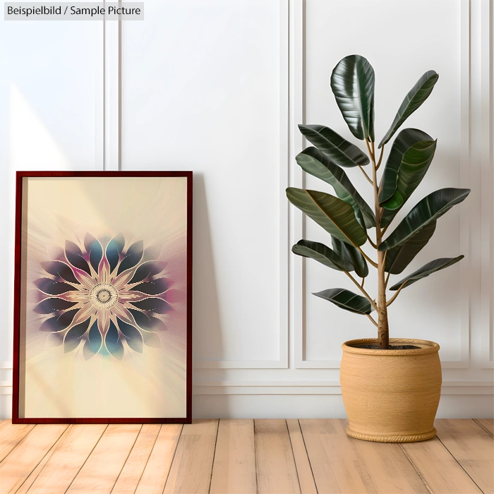 Framed abstract mandala art next to tall potted plant on wooden floor in bright room.