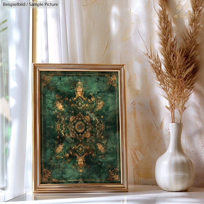 Gold-framed abstract art with green patterns on a table next to a white vase with dried grasses.