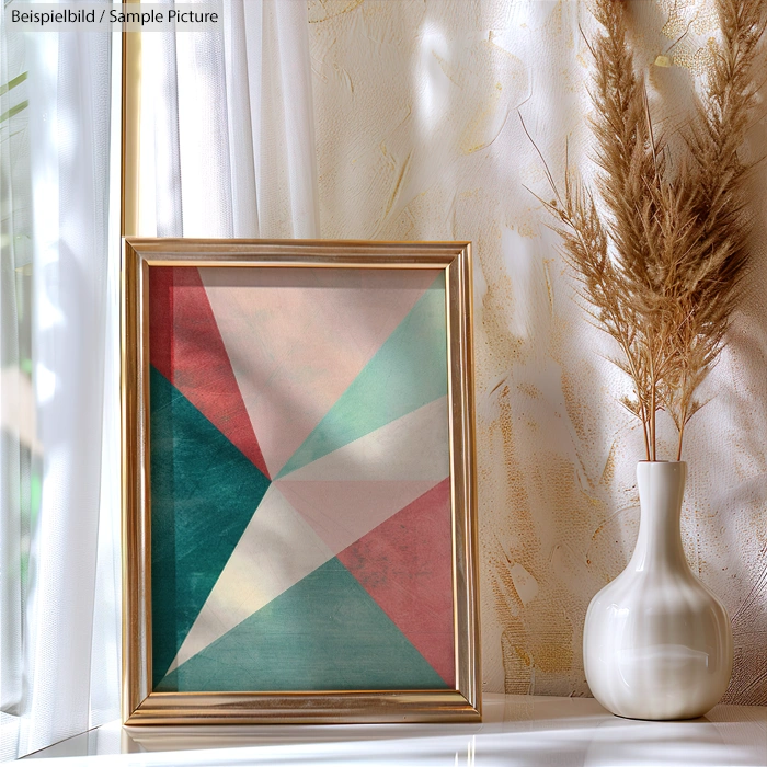 Framed geometric abstract art in gold frame next to white vase with tall grasses on a sunlit table.