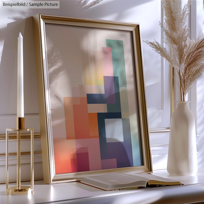 Modern abstract painting with geometric shapes in soft pastel colors framed elegantly on a minimalist shelf.