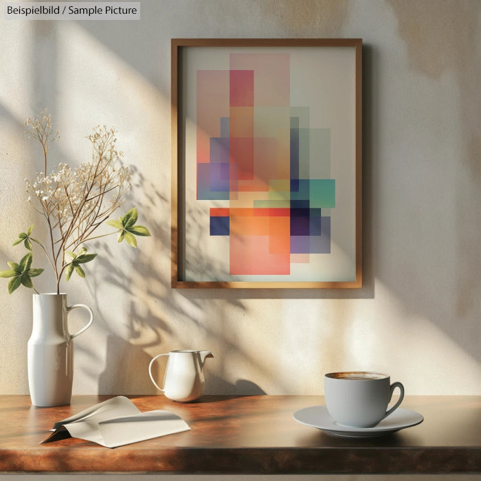 Framed abstract geometric art on a wall in cozy corner with vase, creamer, and cup of coffee.