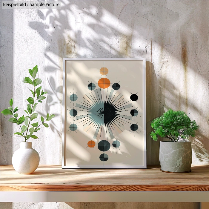 Abstract geometric art print in frame on wooden shelf with potted plants, sunlit wall background.