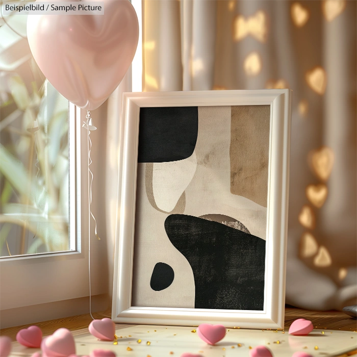 Abstract black and beige artwork in frame, on floor with pink heart-shaped decorations and balloon by window.