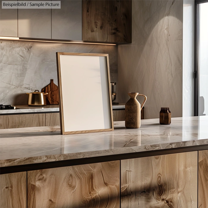 Modern kitchen with marble countertop, empty wooden picture frame, and rustic decor items.