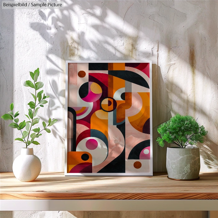 Abstract geometric painting in wooden frame on concrete wall, flanked by potted plants in a sunlit room.