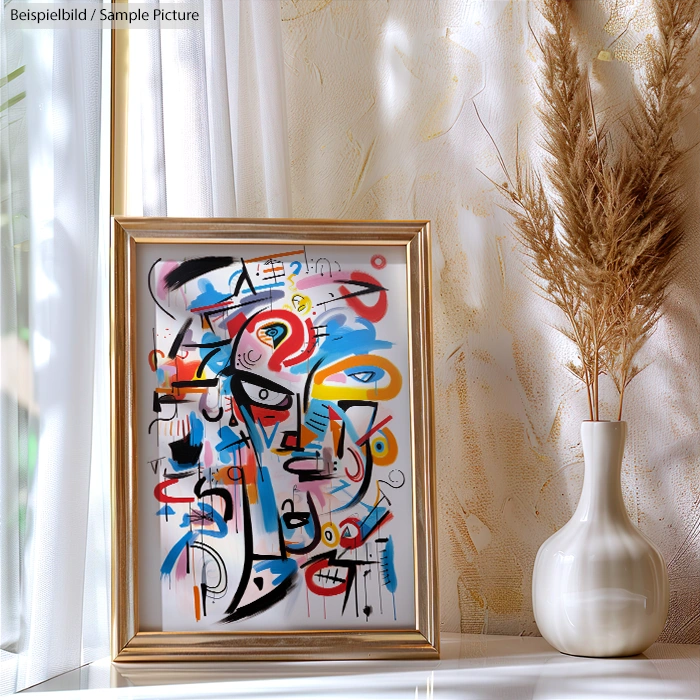 Abstract painting with colorful geometric shapes, framed on a table next to a white vase with pampas grass.