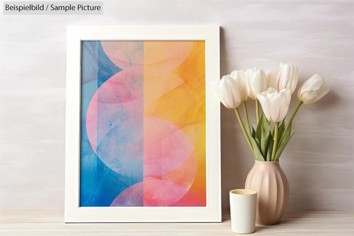 Framed abstract art with color gradients beside a vase of white tulips on a light-colored table.