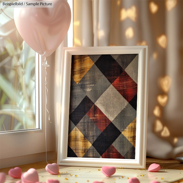 Framed fabric art with a geometric pattern on a table with a pink balloon and scattered heart shapes.