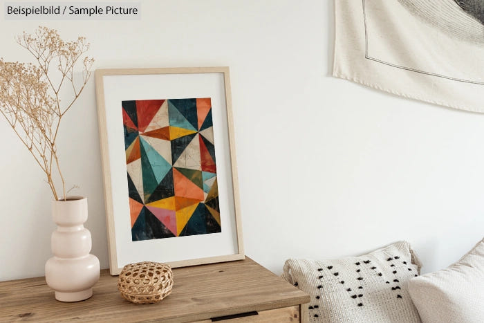 Framed geometric abstract art on wooden dresser with dried flowers and woven decor in modern interior.