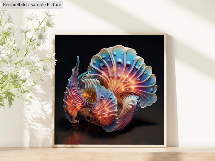 Colorful abstract sculpture resembling marine shell, displayed in light wooden box against black background, white flowers nearby.