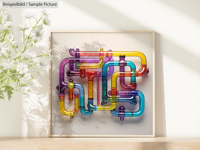 Colorful interlocking glass tubes artwork displayed on a wooden surface with white flowers nearby.