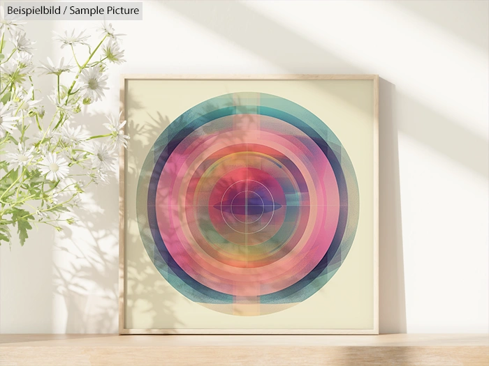 Framed geometric artwork with colorful concentric circles on a sunlit shelf next to white flowers.