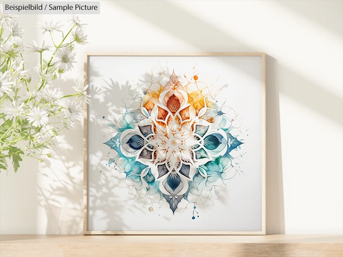 Framed abstract art with vibrant floral mandala design in blue, orange, and white tones on a white background.