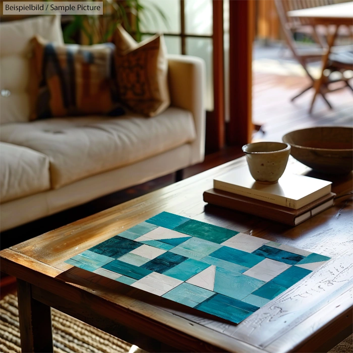 Cozy living room with wooden table, teal abstract art piece, stacked books, and ceramics. Sofa and outdoor view also visible.