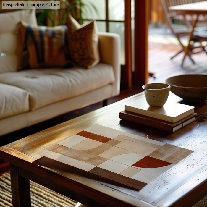 Cozy living room with a wooden table, abstract art, books, ceramics, and a couch with pillows, warmly lit by sunlight.