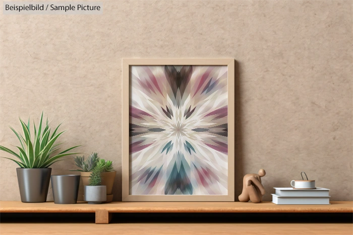 Framed abstract art with starburst pattern on shelf, alongside potted plants and decorative items.