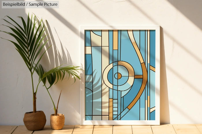 Framed abstract geometric art with blue and beige shapes next to tropical plants on a sunlit floor.