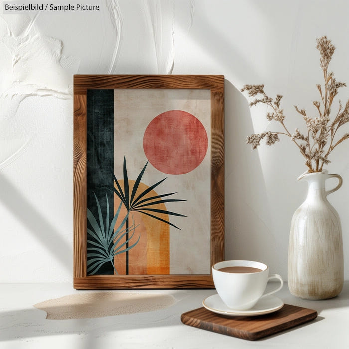 Minimalist art with red circle and geometric shapes near cup and vase on white table.