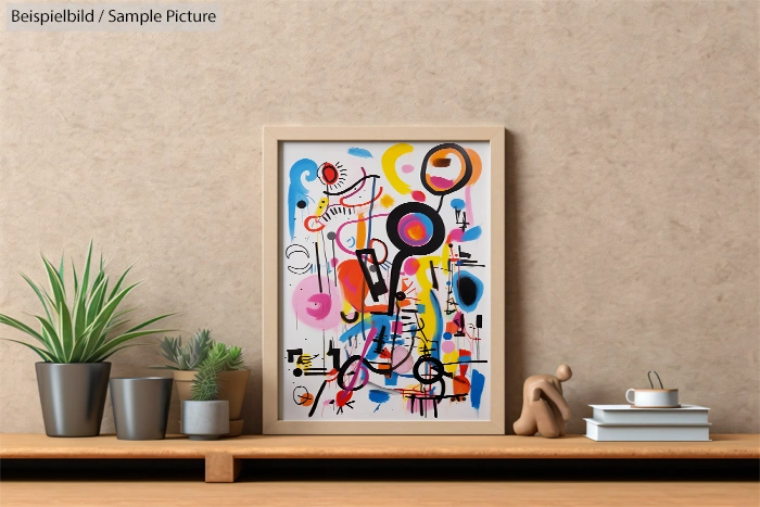 Framed abstract painting with colorful shapes on a wooden shelf with plants and a sculpture.