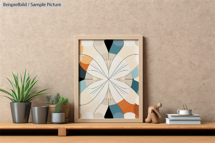 Framed abstract geometric art with plants and stacked books on a desk against a beige wall.