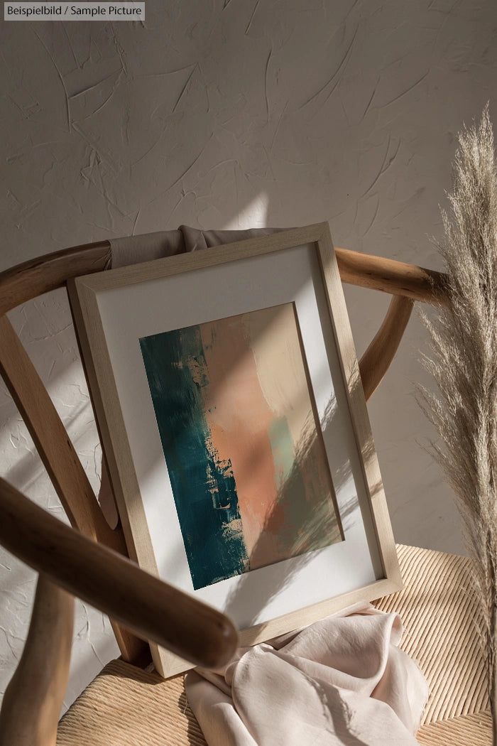 Framed abstract painting with teal and peach tones on a wooden chair, accented by natural light and a dried plant.