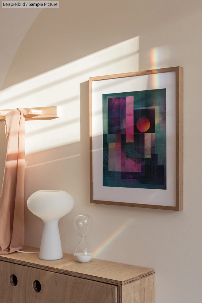 Minimalist interior with abstract geometric art, white lamp, wooden cabinet, and soft draped fabric in sunlight.