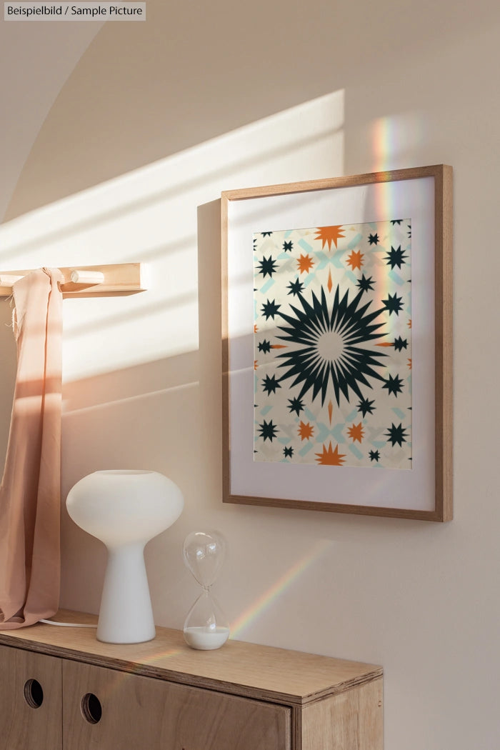 Framed geometric star pattern art on wall, sunlight casting rainbow through window, minimal decor with lamp and hourglass.