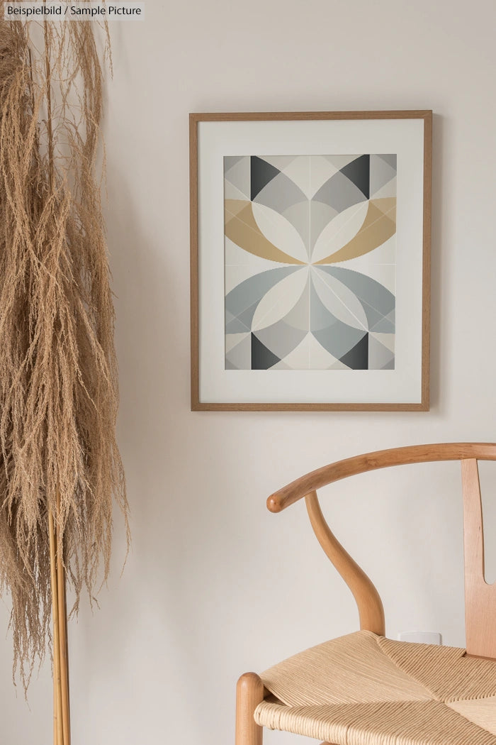 Modern geometric art print in frame on wall; wooden chair and dried plant nearby.