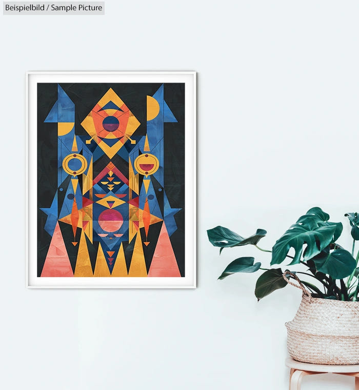 Geometric abstract art with vibrant colors in framed wall picture above a potted plant on a white wall.