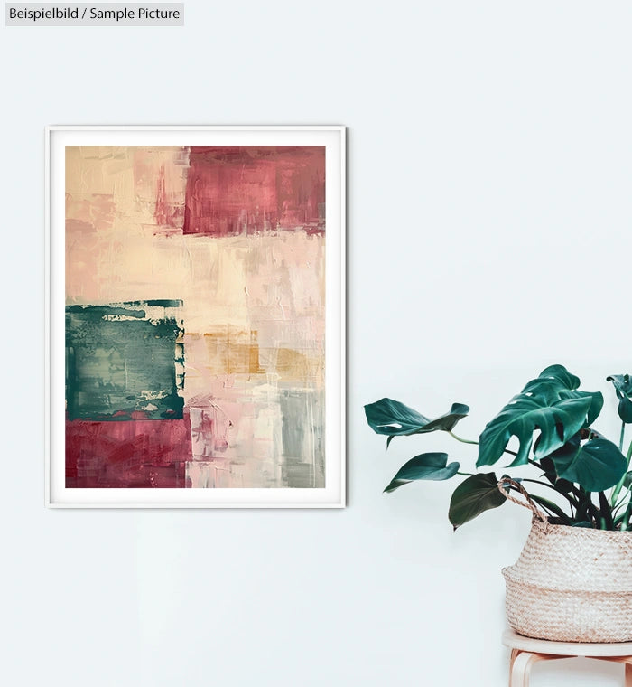 Abstract geometric painting with shades of red, green, and beige in a white frame next to a plant in a woven basket.