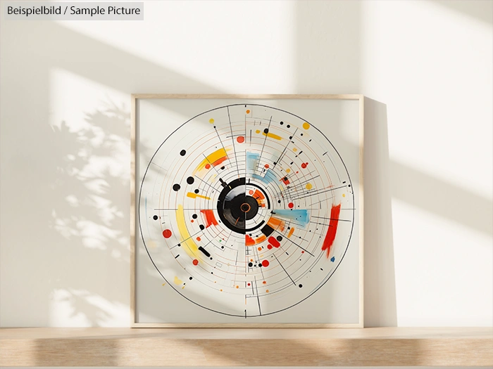 Modern circular abstract artwork with colorful geometric shapes, displayed in wooden frame against a white wall.