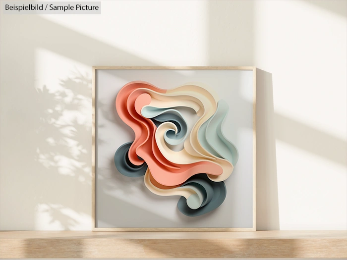 3D abstract art with multicolored swirls in shadowed white frame on sunlit surface.