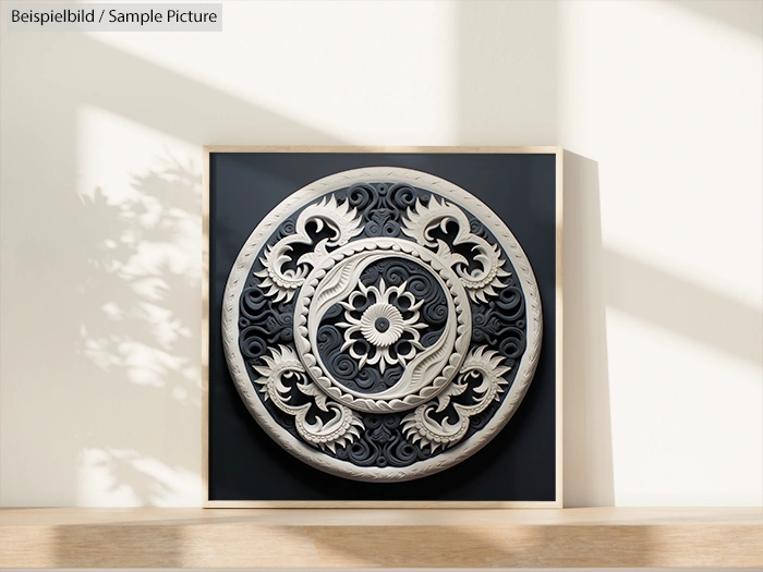 Intricate circular metal wall art with floral patterns in a wooden frame, casting soft shadows on a white wall.