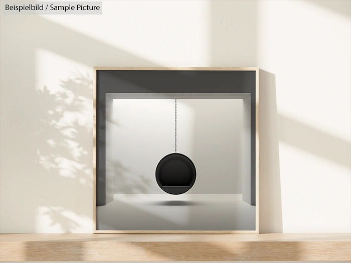 Minimalist room with a black suspended ball and shadows on white walls and floor.