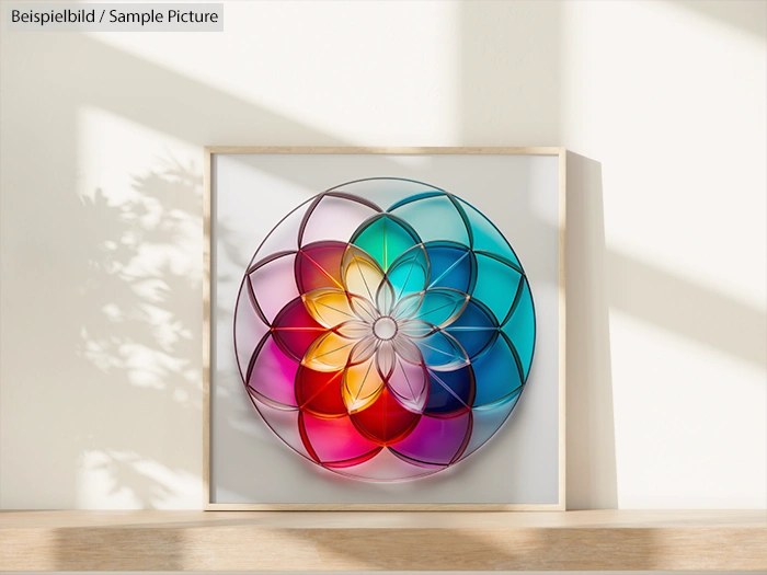 Multicolored 3D flower artwork in wooden frame on sunlit wall.