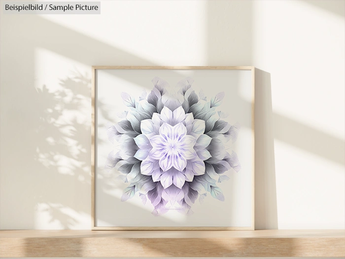 Framed floral artwork with layered, translucent petals in pastel colors, displayed against a sunlit wall.