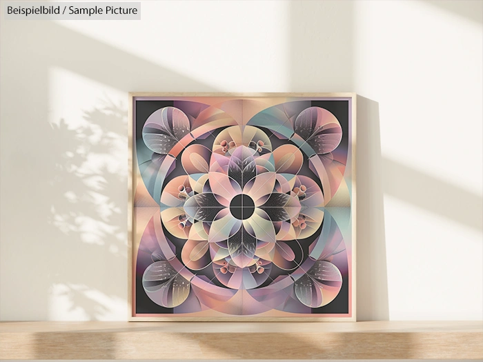 Framed geometric art print with pastel flower-like patterns on a wall shelf, shadowed by natural light.