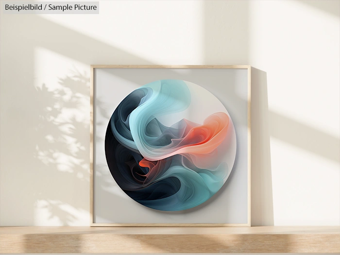 Abstract artwork with swirling shades of blue, black, and coral in a circular frame, casting shadows on a wall.