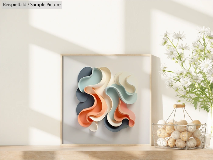 Abstract 3D wall art with overlapping pastel curves; reflected light and decorative bowl of white balls and flowers.