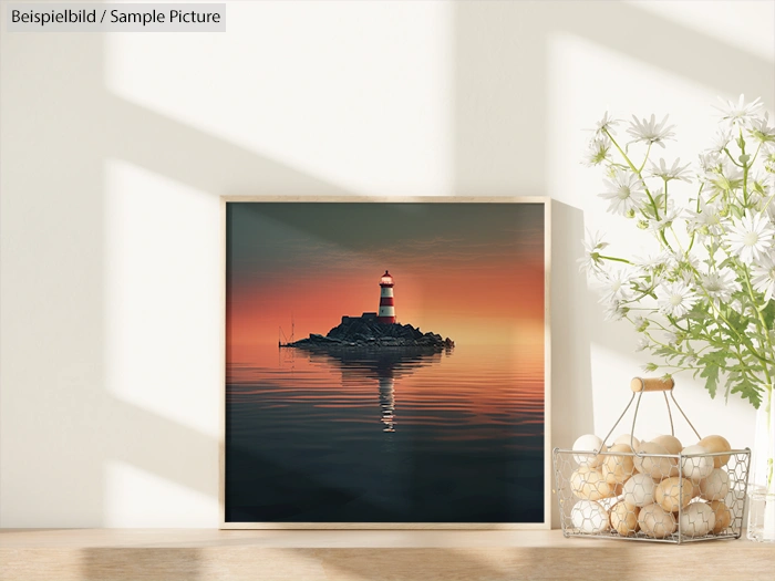 Framed lighthouse sunset painting on a shelf with seashells and white flowers in a basket.