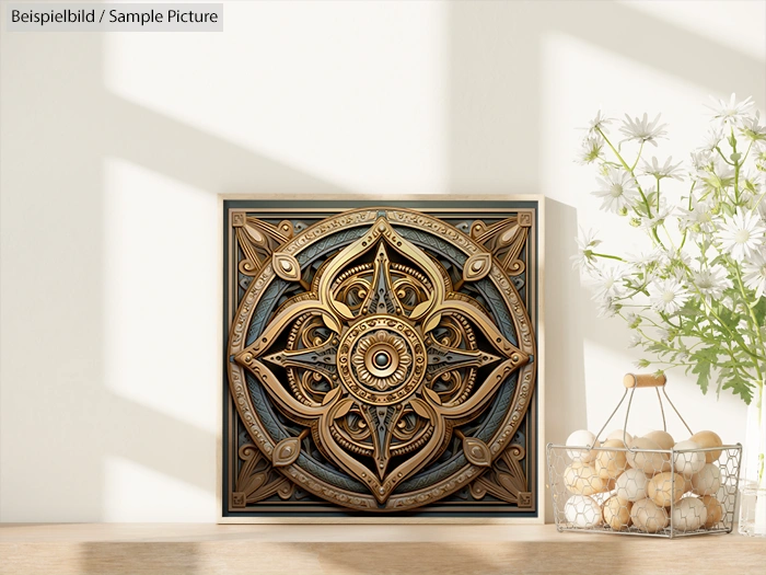 Intricate gold mandala artwork framed on a white wall, next to a basket of white flowers under natural light.