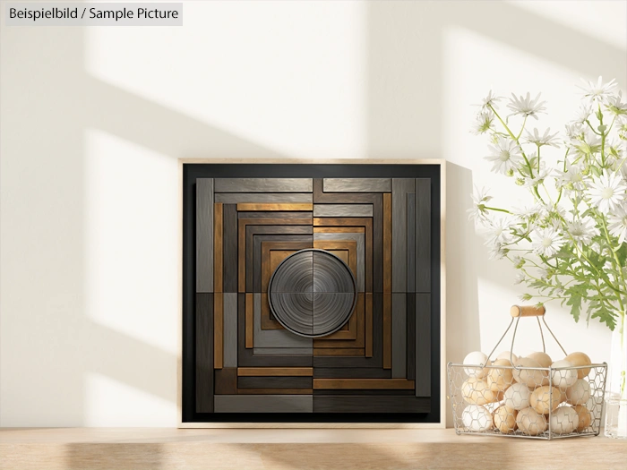 Modern geometric wall art with nested squares and a central circle in a sunlit room, next to a basket of decorative spheres.