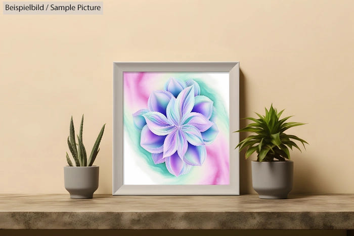 Framed floral artwork in pastel colors with two potted plants on a wooden shelf against a beige wall.