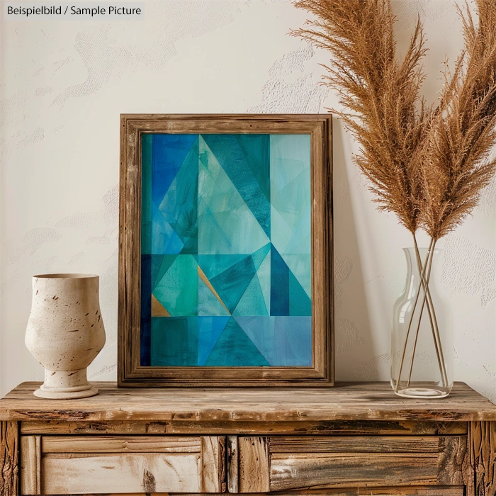 Geometric blue-green abstract painting in wooden frame on rustic wooden shelf with vases.