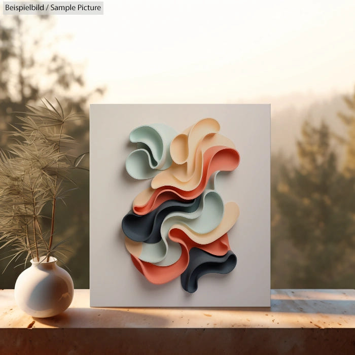 Abstract art piece with layered pastel waves on square canvas, placed on a ledge with blurred outdoor background.