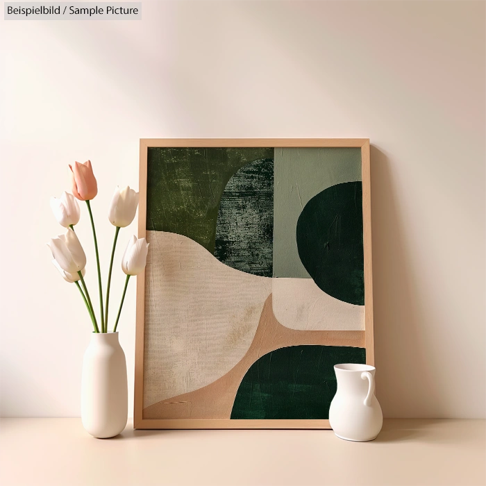 Abstract painting with geometric shapes beside a vase of tulips on a minimalist shelf.